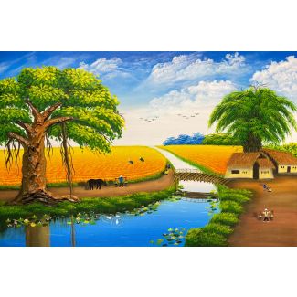 Tranh Đồng Quê Lúa Chín Vàng Vẽ Tay Acrylic Trên Vải Toan – Tranh Phong Cảnh Làng Quê Treo Tường