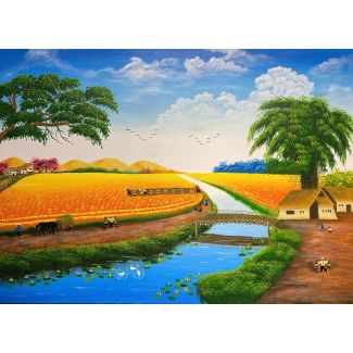Tranh đồng quê người dân gặt lúa