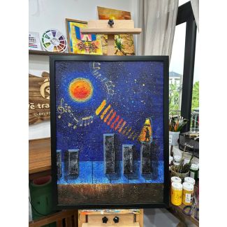 Tranh trừu tượng Bản nhạc đêm trăng kết hợp phím đàn piano và nốt nhạc nghệ thuật acrylic hiện đại 3
