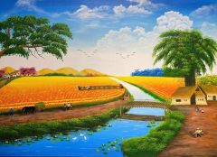 Tranh đồng quê người dân gặt lúa