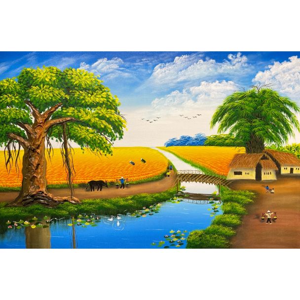 Tranh Đồng Quê Lúa Chín Vàng Vẽ Tay Acrylic Trên Vải Toan – Tranh Phong Cảnh Làng Quê Treo Tường