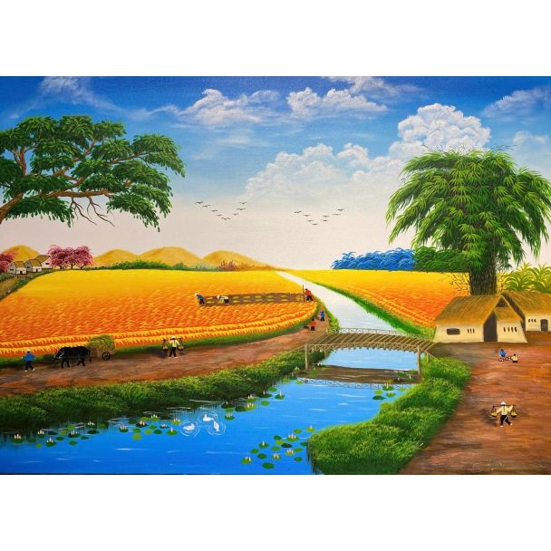 Tranh đồng quê người dân gặt lúa
