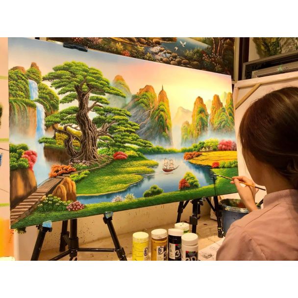 Tranh Sơn thủy hữu tình chưa khung và họa sĩ Hương Bộp