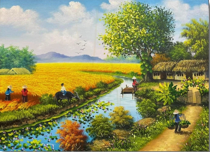 Vẽ tranh đồng quê Việt Nam – ruộng lúa, dòng sông và mái nhà tranh yên bình