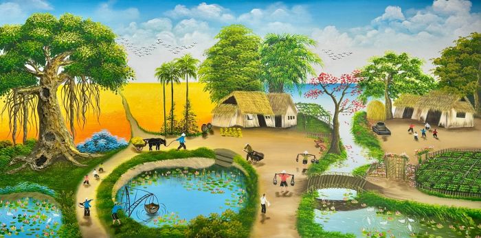 Vẽ tranh đồng quê Việt Nam với ruộng lúa, dòng sông và mái nhà tranh yên bình