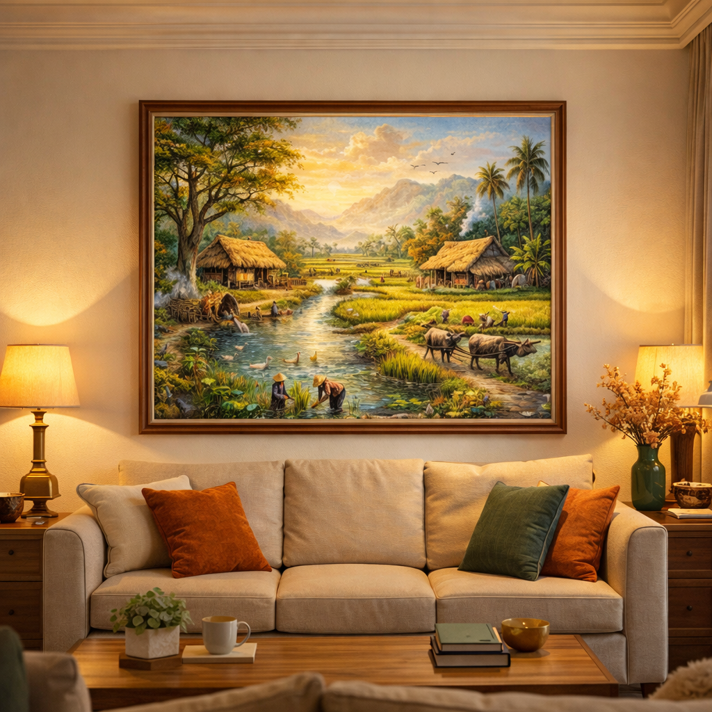 Tranh đồng qu&ecirc; ph&ograve;ng kh&aacute;ch